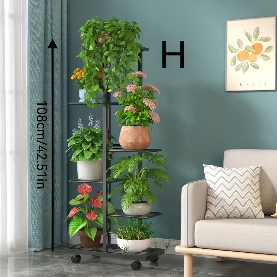 Modern Iron Plant Stand with Wheels Indoor Outdoor Checkered Grid Pattern Lightweight