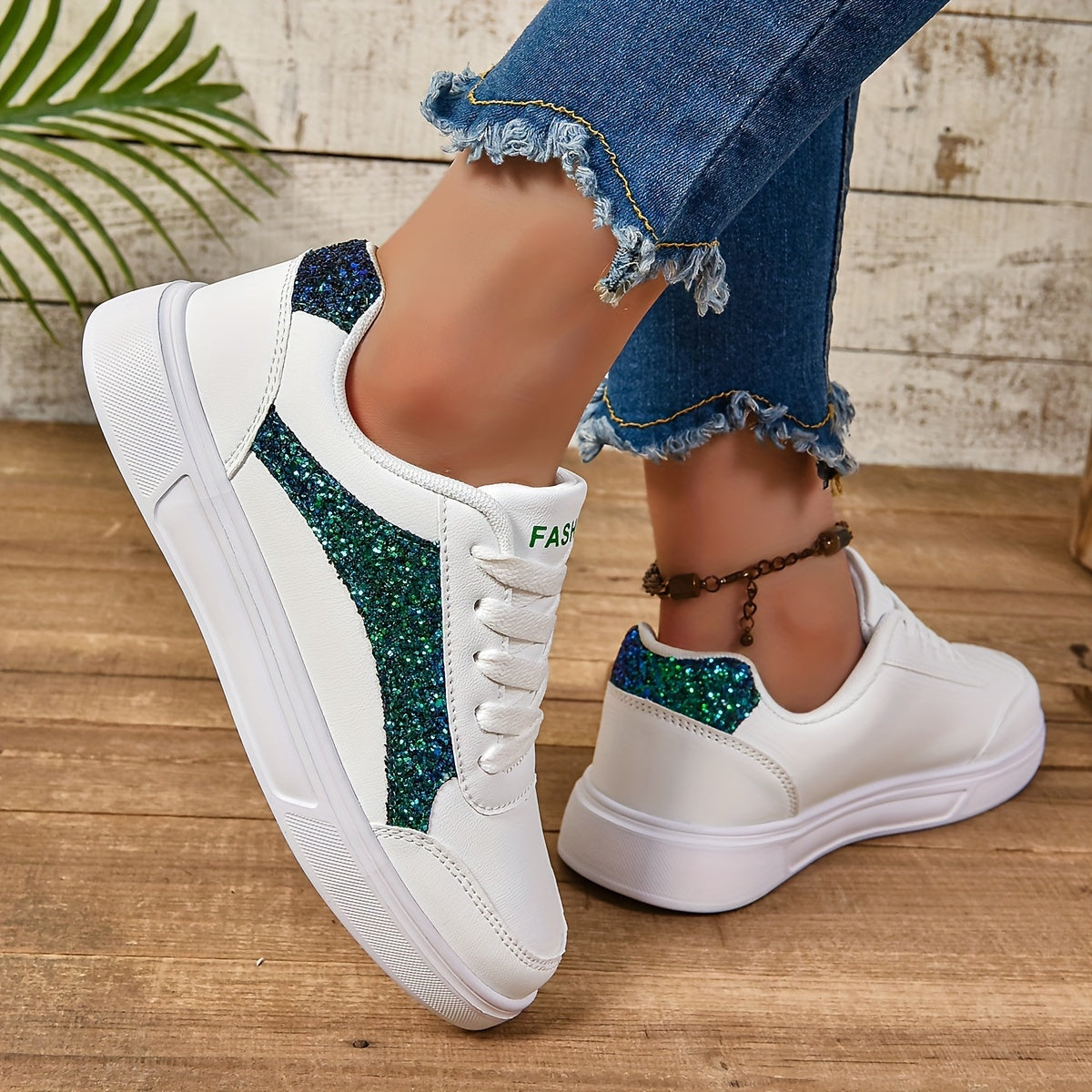 Women's Glitter Lace-Up Sneakers, Lightweight Soft Sole Skate Shoes
