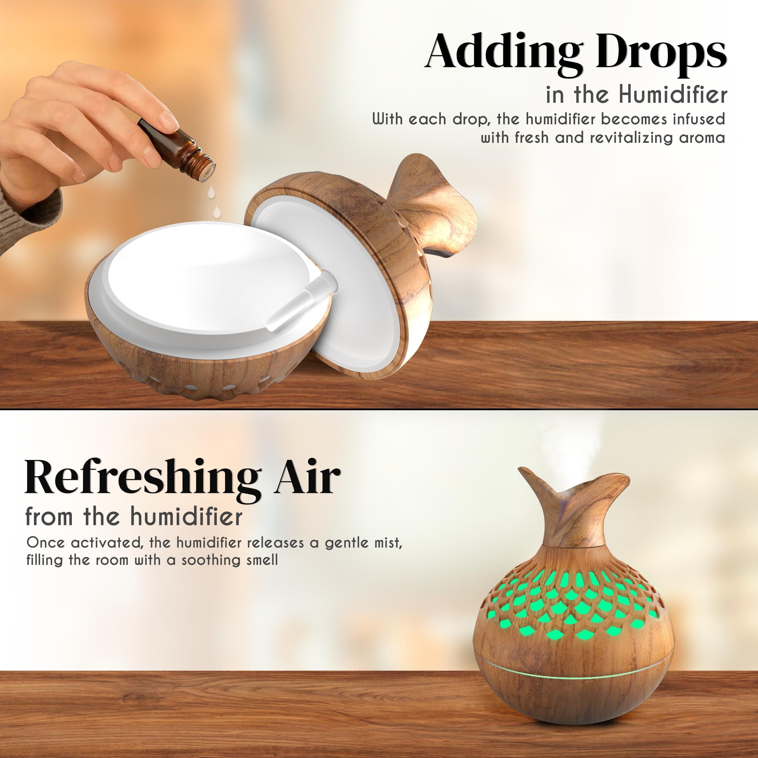 Wood Grain Cool Mist Humidifier USB Powered 10oz Air Quality Home Office Car
