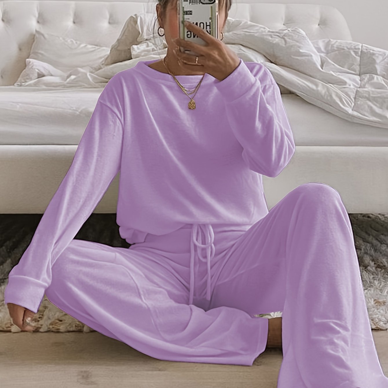 Women's Brushed Fabric Loungewear Set in Solid Color with Crew Neck and Long Pants for Fall Winter