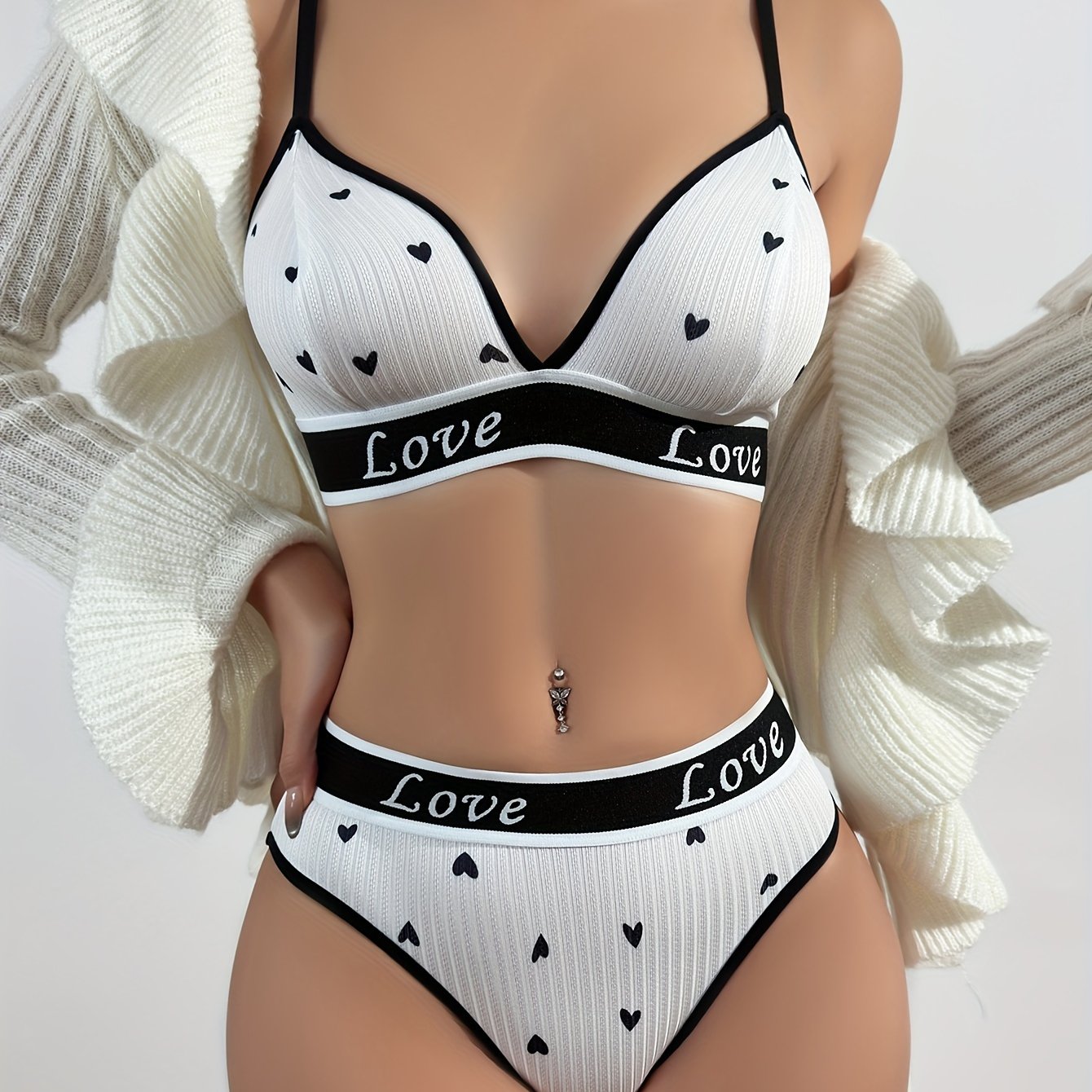 Women's Cartoon Lingerie Set Made of Polyester and Elastane with Letter and Lip Prints