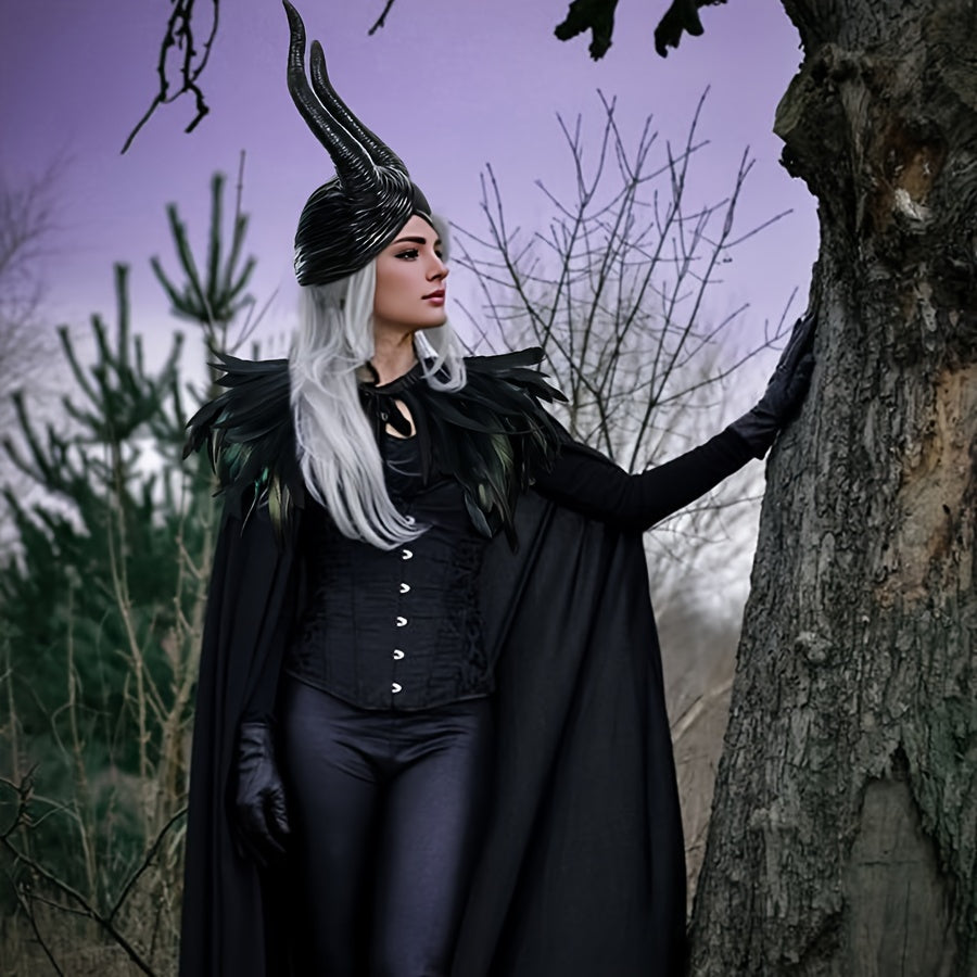 Halloween Costume Set for Women Gothic Witch with Velvet Cape Faux Feather Shawl and Maleficent Horns