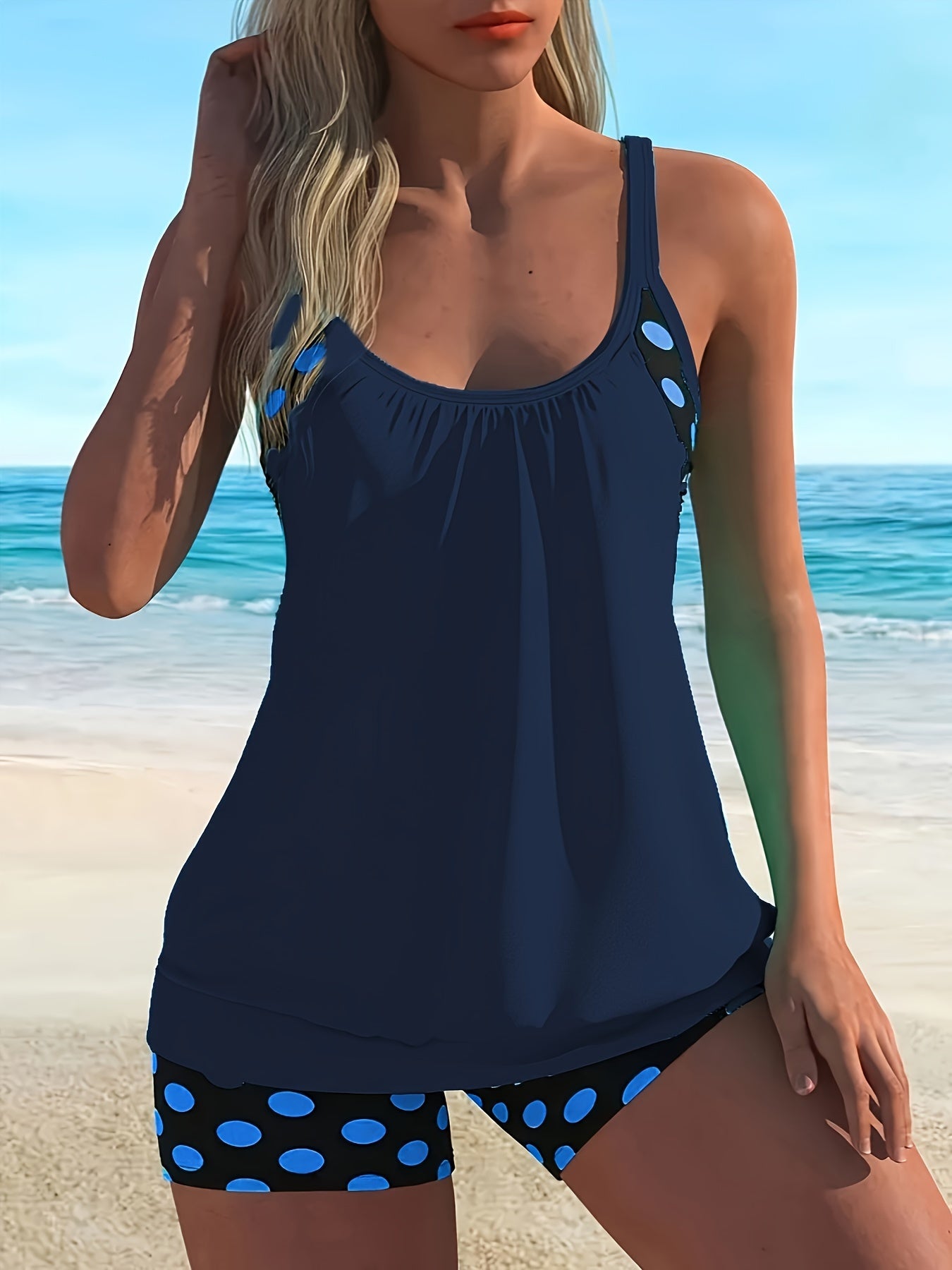 Women's Navy Blue Tankini Swimsuit with Split Skirt and Polka Dot Pattern