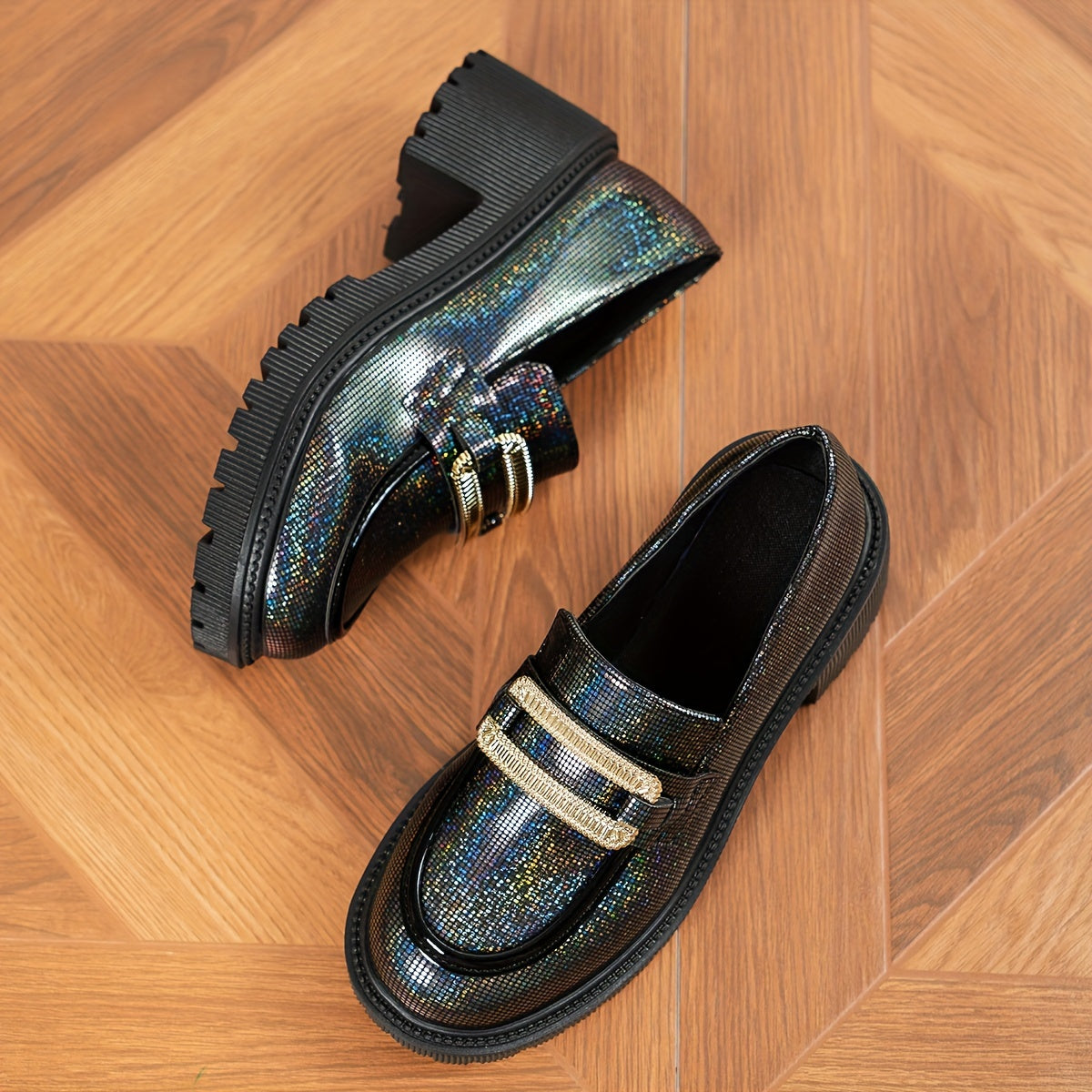 Women's Glitter Loafers Pink Sequin Slip-On Shoes with Chunky Heel