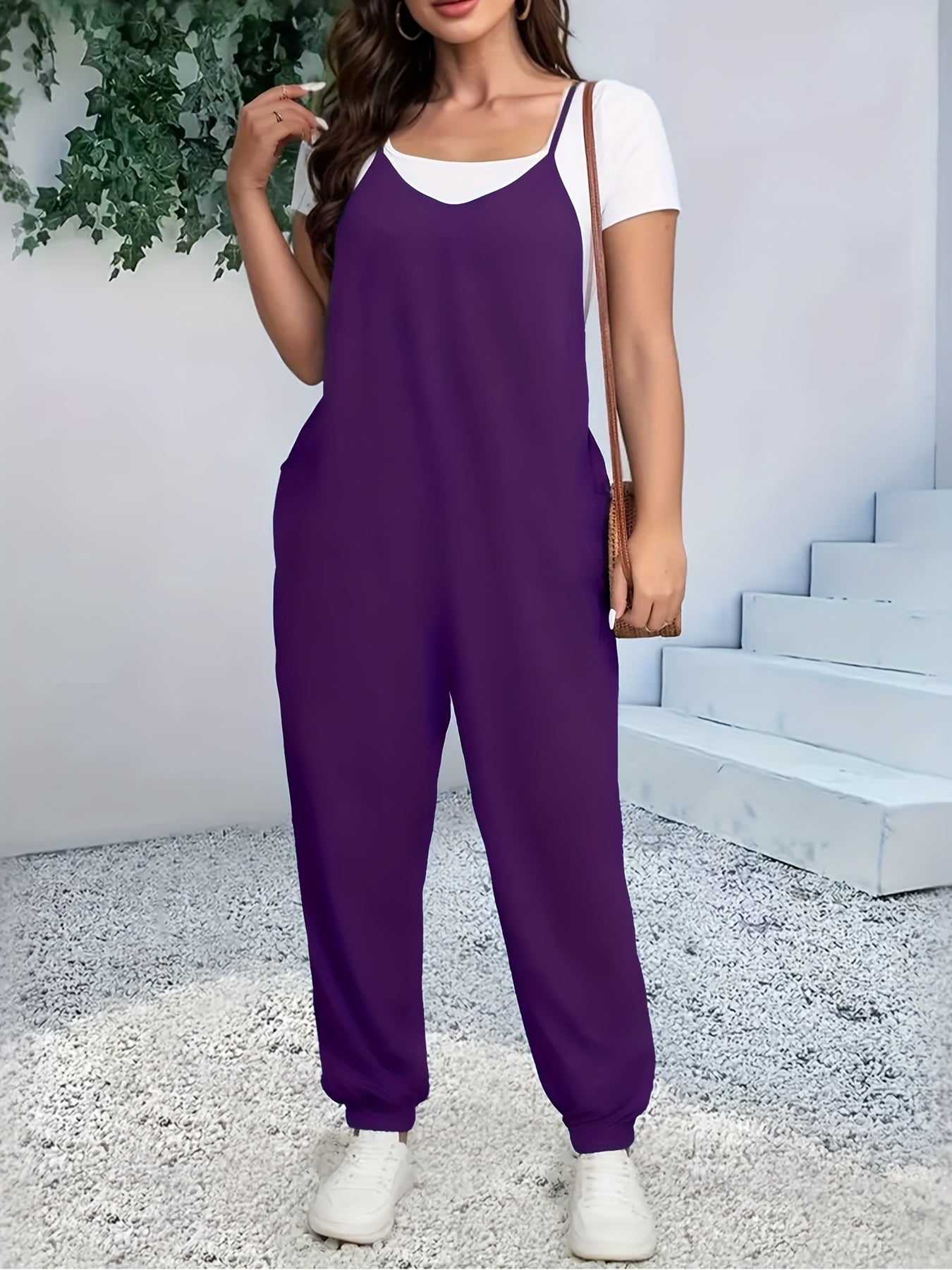 Women's Plus Size V-Neck Jumpsuit with Pockets, Solid Color, Casual Summer