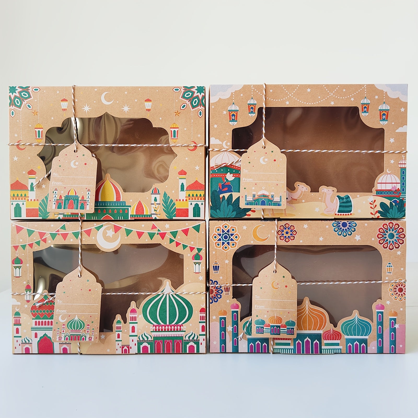 Eid Kraft Paper Gift Boxes with Islamic Designs and View Window for Ramadan Candy Packaging Set of 24