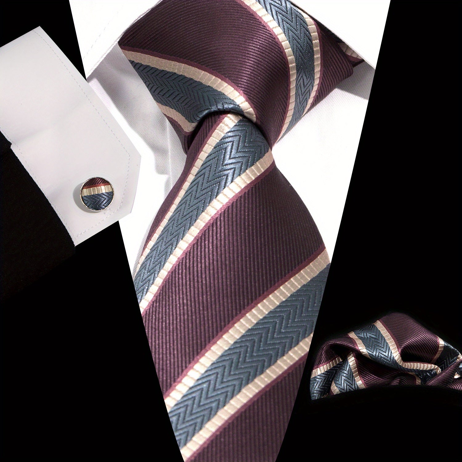 Men's Formal Accessories Set Necktie Pocket Square Cufflinks for Weddings and Business