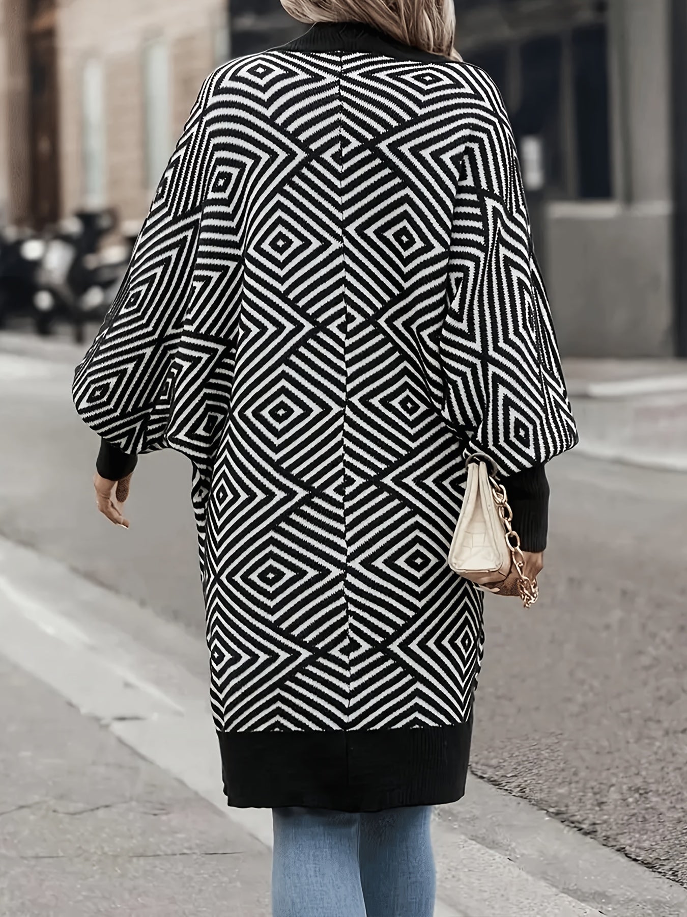 Plus Size Geometric Print Cardigan for Women Open Front Long Sleeve Knit Outwear