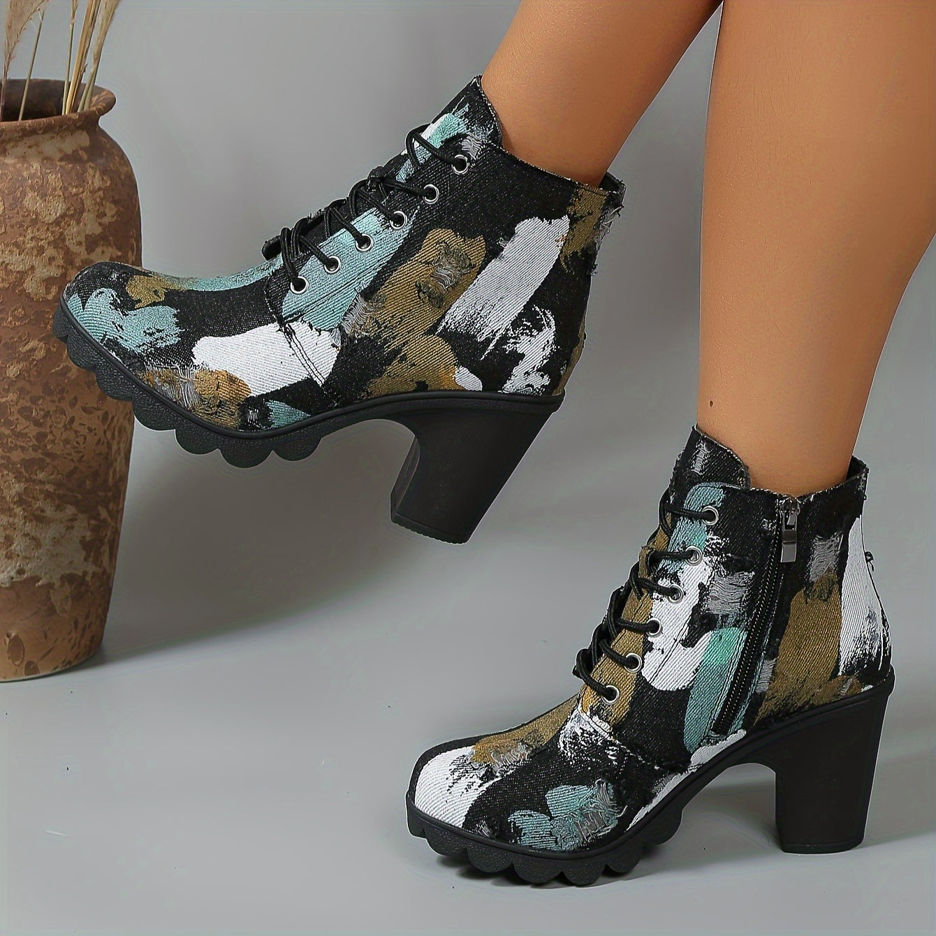 Women's Fabric Ankle Boots with Chunky Heel Side Zipper Wide Width