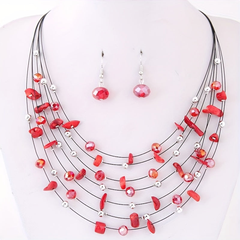Conjunto de joyería de cristal boho-chic para mujer: collar y pendientes con capas brillantes