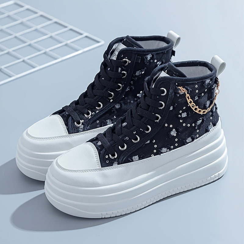Women's High-Top Sneakers - Black White Blue with Gold Chain Casual Shoes