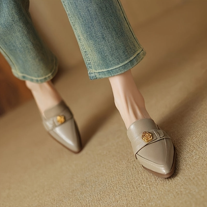 Women’s Floral Retro Pointed Toe Slip-On Mules White Brown Stylish Comfortable