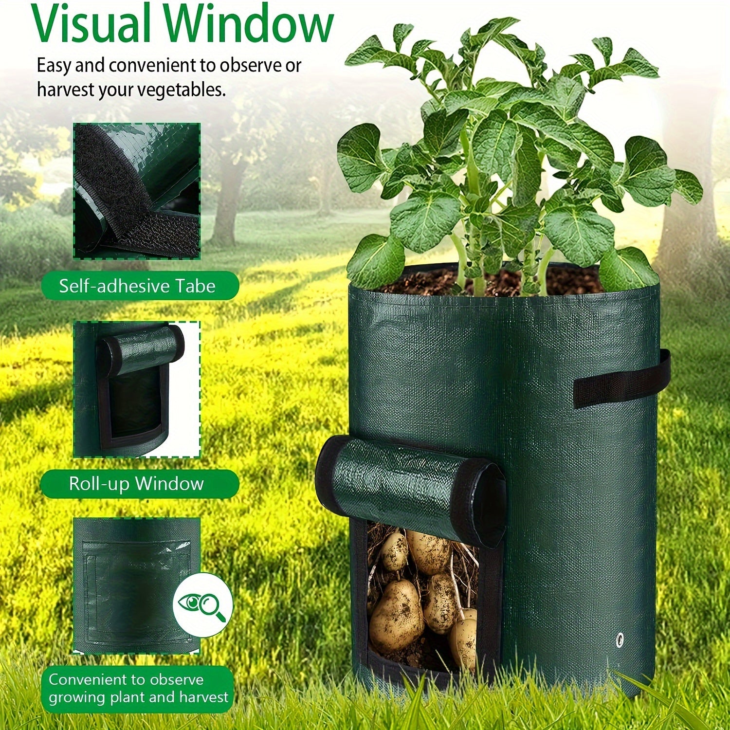 5pcs Green 7-Gallon Fabric Grow Bags with Handles for Outdoor Vegetable Gardening