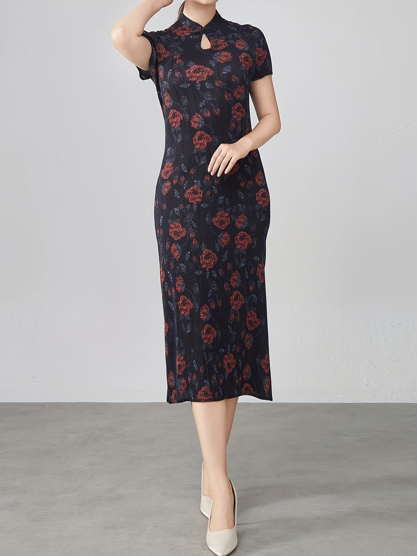 Plus Size Floral Print Qipao Dress Short Sleeve High Stretch Loose Fit Evening Wear