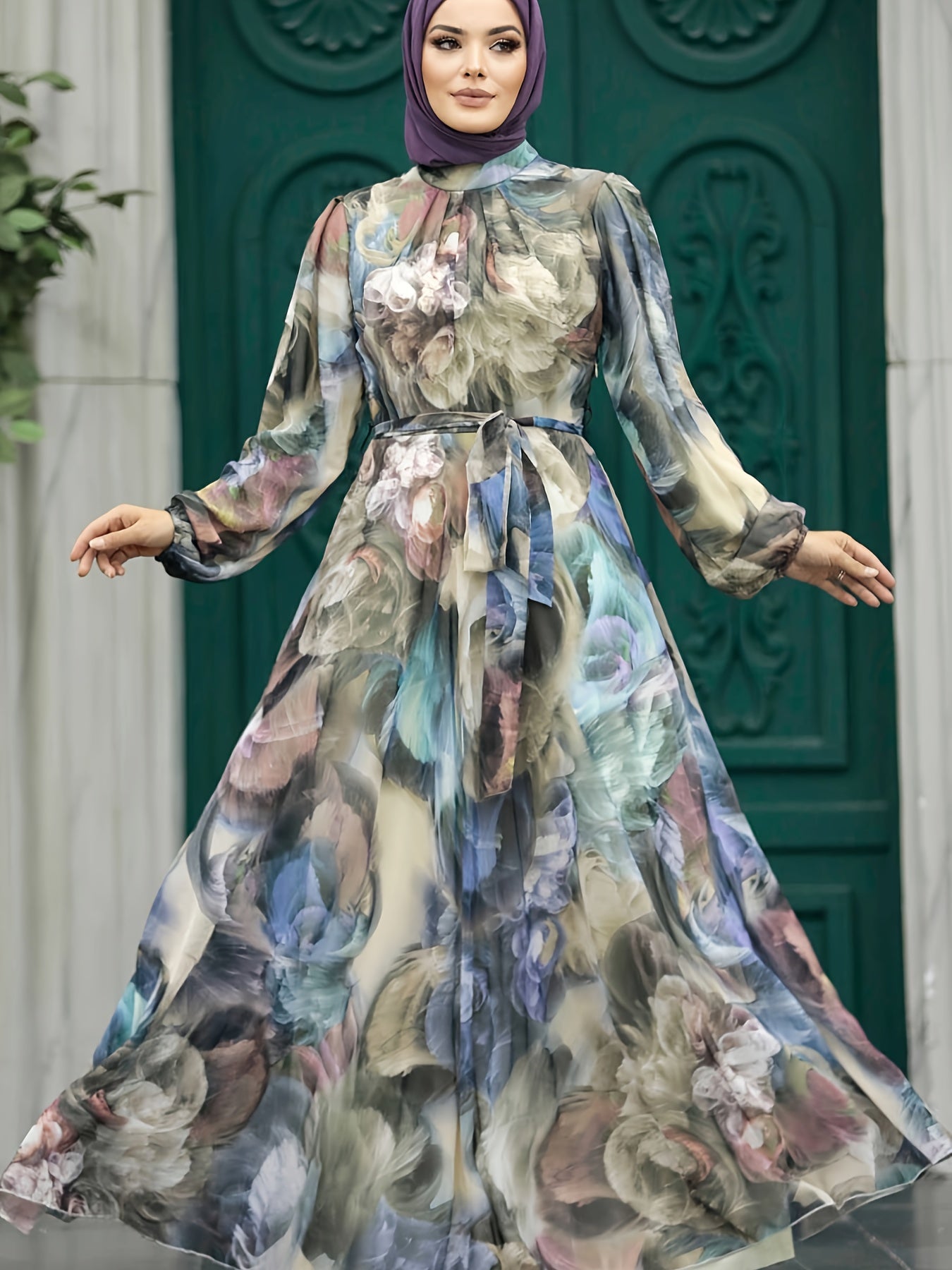 Women's Floral Print Tie-Waist A-Line Dress Long Sleeve Crew Neck for Spring Summer