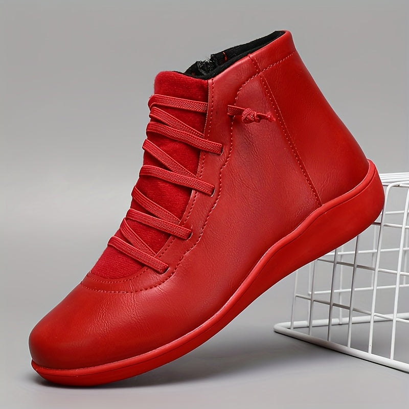 Women's Casual Ankle Boots Brown PU Low Heel Round Toe Lace-Up