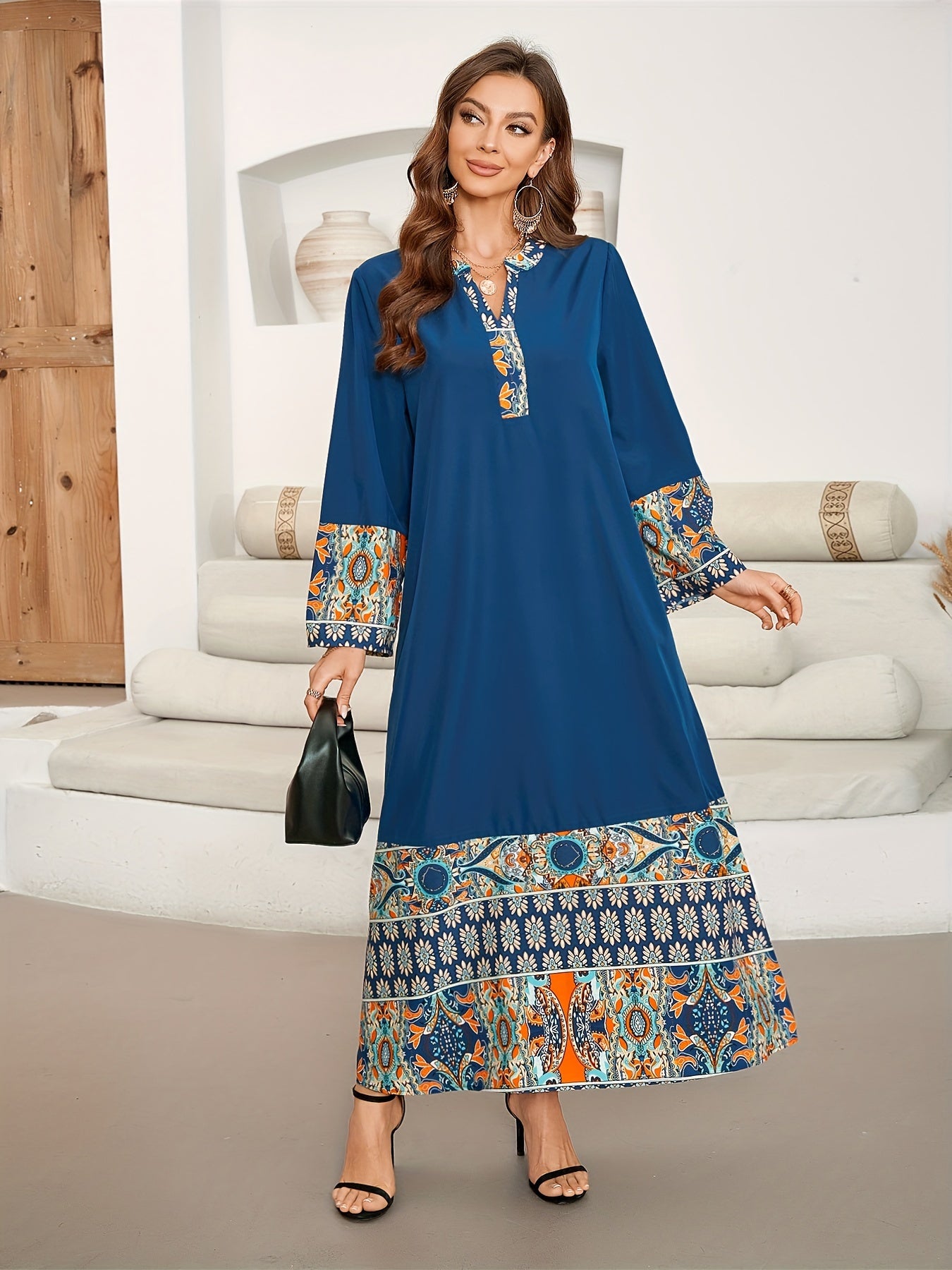 Women's Ethnic Print Color Block Kaftan Maxi Dress with Notched Neck and Long Sleeves