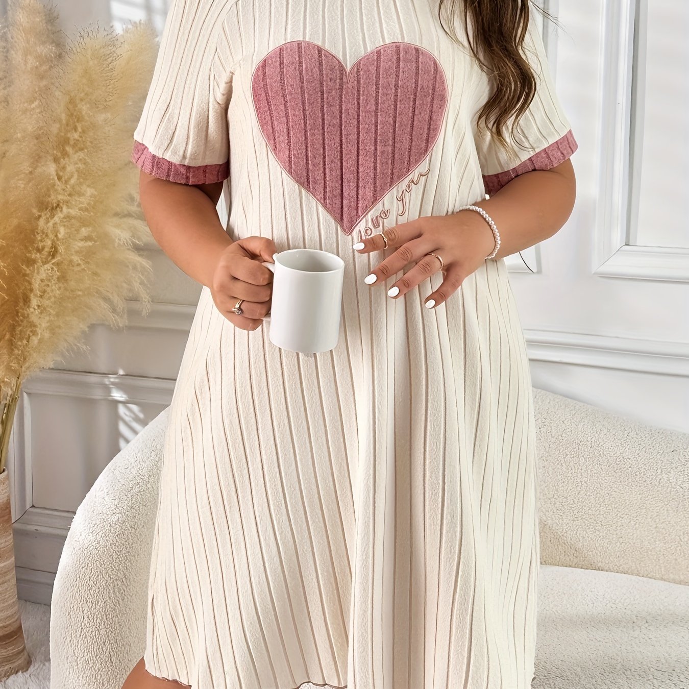 Women's Plus Size Color Block Heart Embroidered Sleep Dress Lounge Nightgown