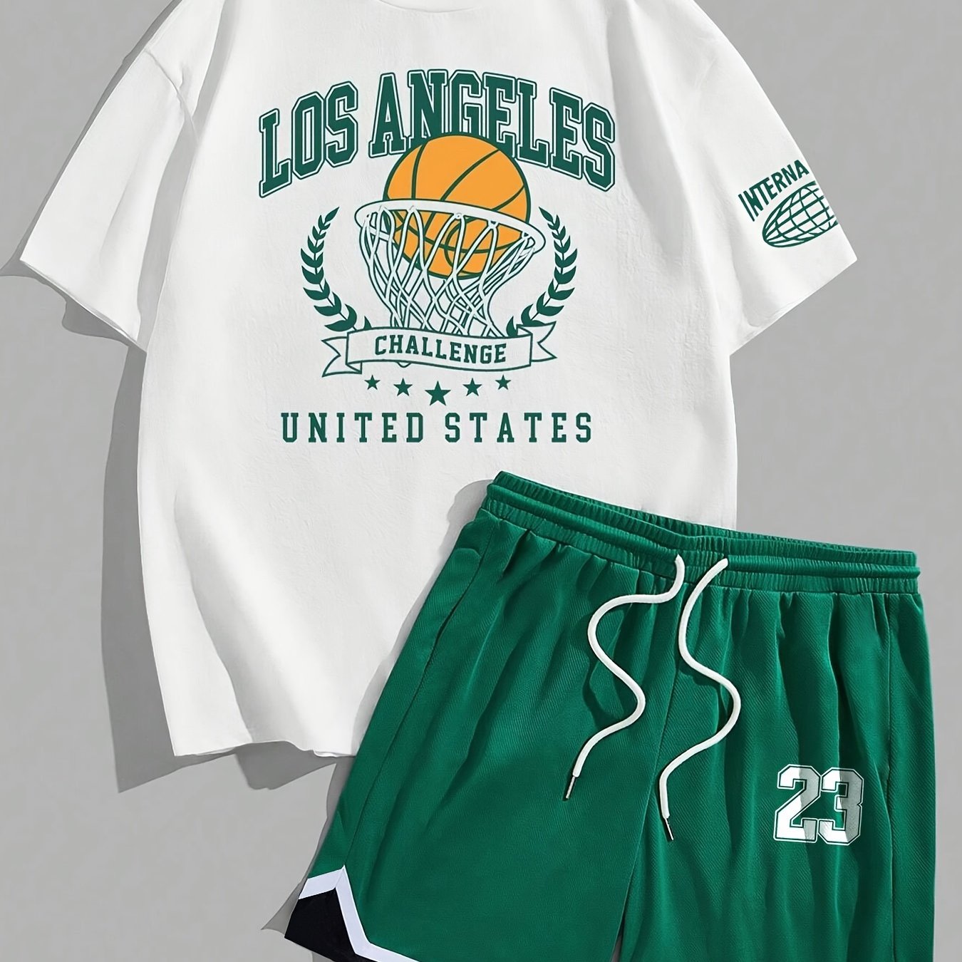 Conjunto de camiseta y pantalones cortos de baloncesto casual de verano para hombre con estampado gráfico