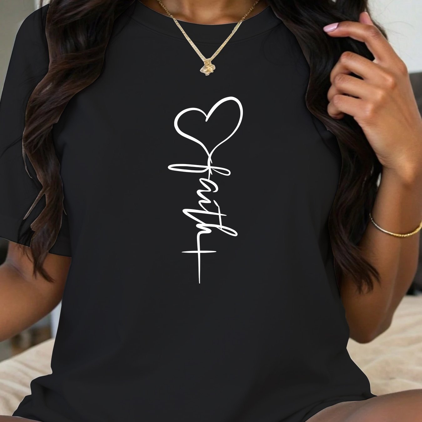 Women's Beige Casual Sports Tee with Love Plus Graphic Short Sleeve