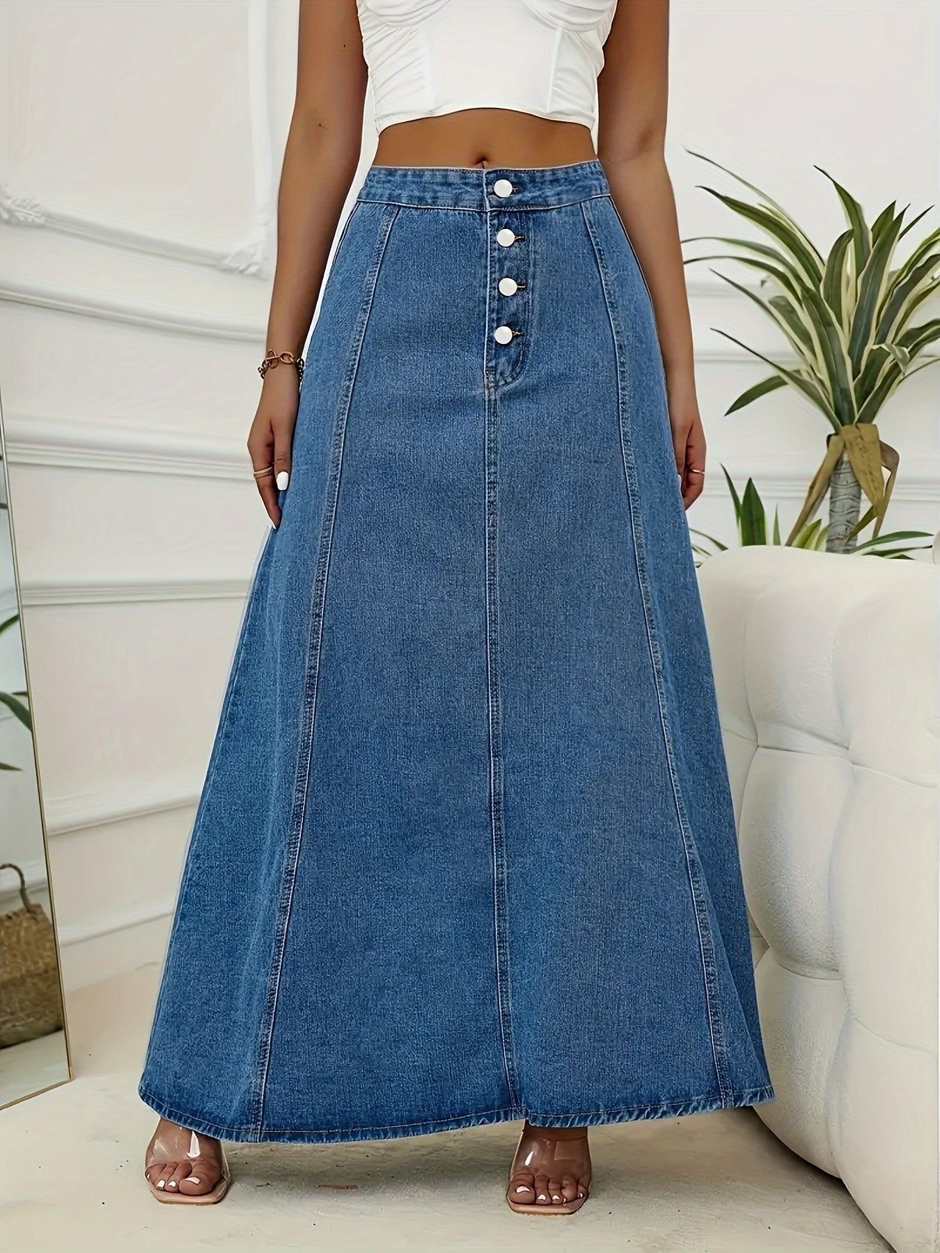 Falda larga de mezclilla de tamaño grande en lavado azul, de tiro alto, para otoño, estilo casual con vuelo