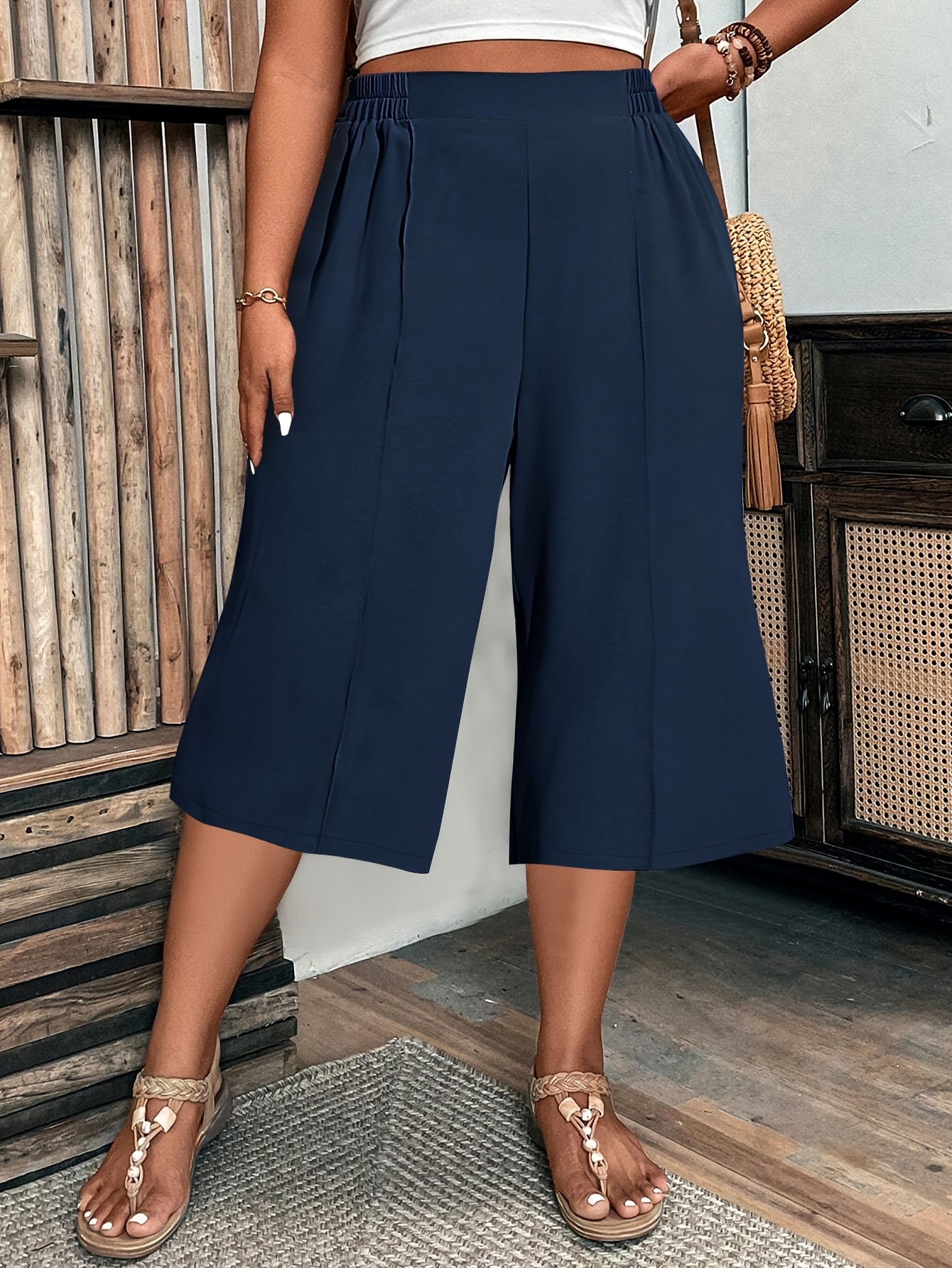 Pantalones Capri de talla grande para mujer con cintura elástica, color verde oliva, verano casual