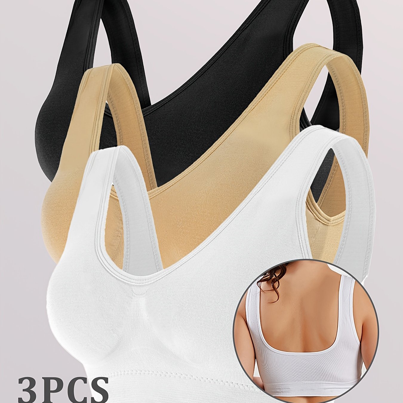 Women Nylon V-Neck Sports Bras 3-Pack Removable Pads No Underwire