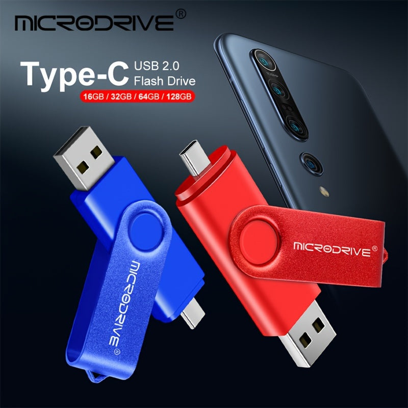 Unidad USB 2.0 de 4GB a 128GB con diseño metálico giratorio compatible con Type-C para Android Negro Azul