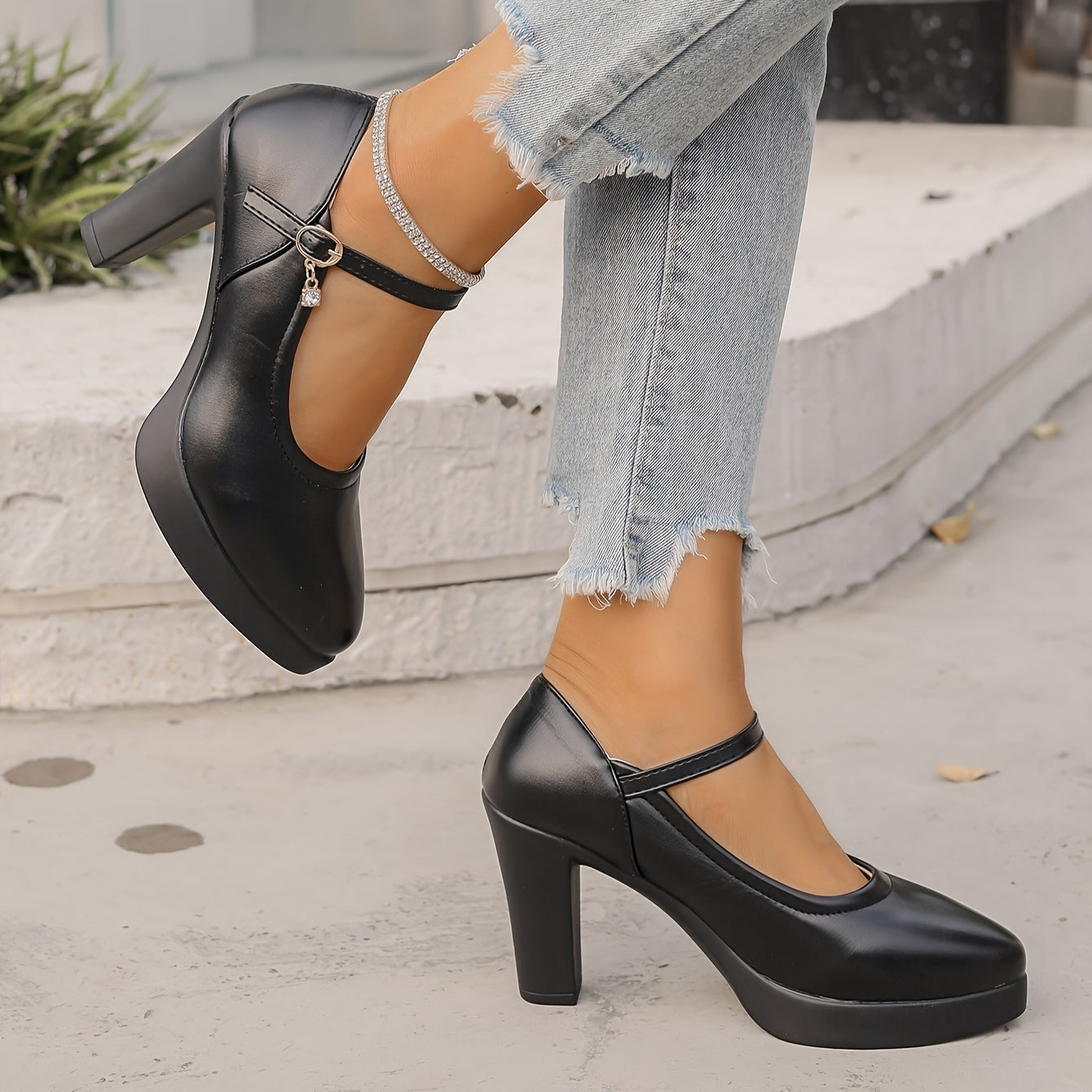 Women's Black Synthetic Pointed-Toe Block Heel Mary Jane Pumps for Office and Formal Events