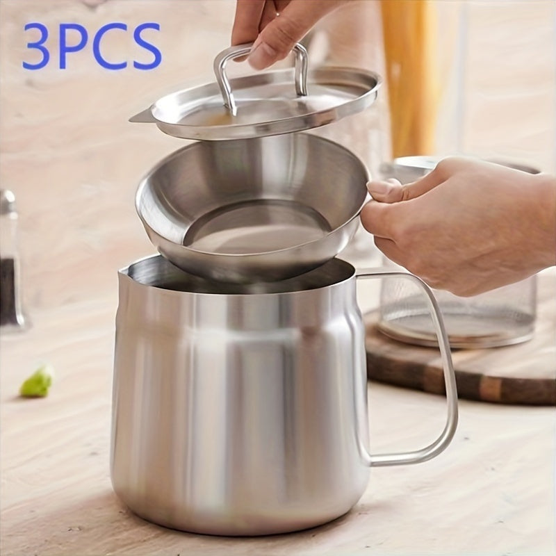 Stainless Steel Oil Filtering Set 3 Pieces 2L Container Fine Mesh Screen