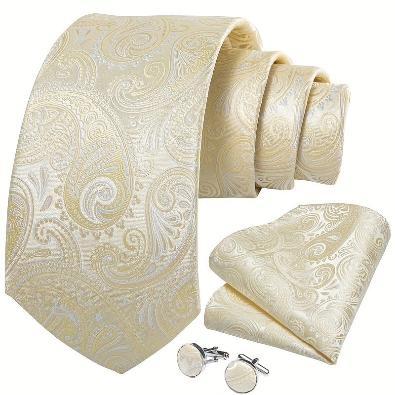 Men's Light Color Paisley Tie Set with Pocket Square and Cufflinks for Wedding or Gift
