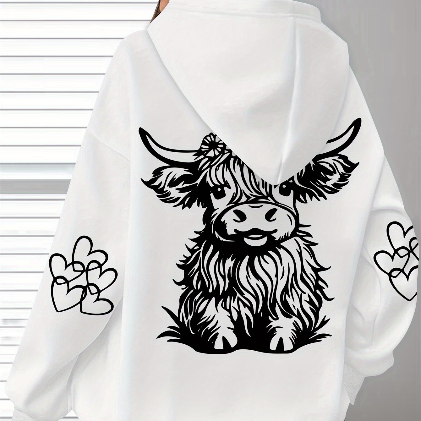 Women's Oversized Cozy Hoodie Brown Highland Cow Print Long Sleeve Pullover Casual