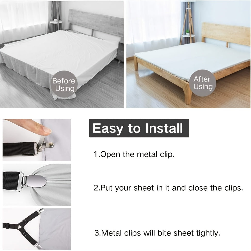 4 ta moslashuvchan uchburchakli varaq ushlagichlar to'plami, elastik matras varaq kliplari, sirpanmaydigan yotoq varaq ushlagichlar va divan, stol qoplamalari uchun to'qilgan tasma mahkamlagichlar; tozalash oson