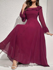 Women's Long Sleeve Polyester Dress with Ruffled Neckline for All Seasons