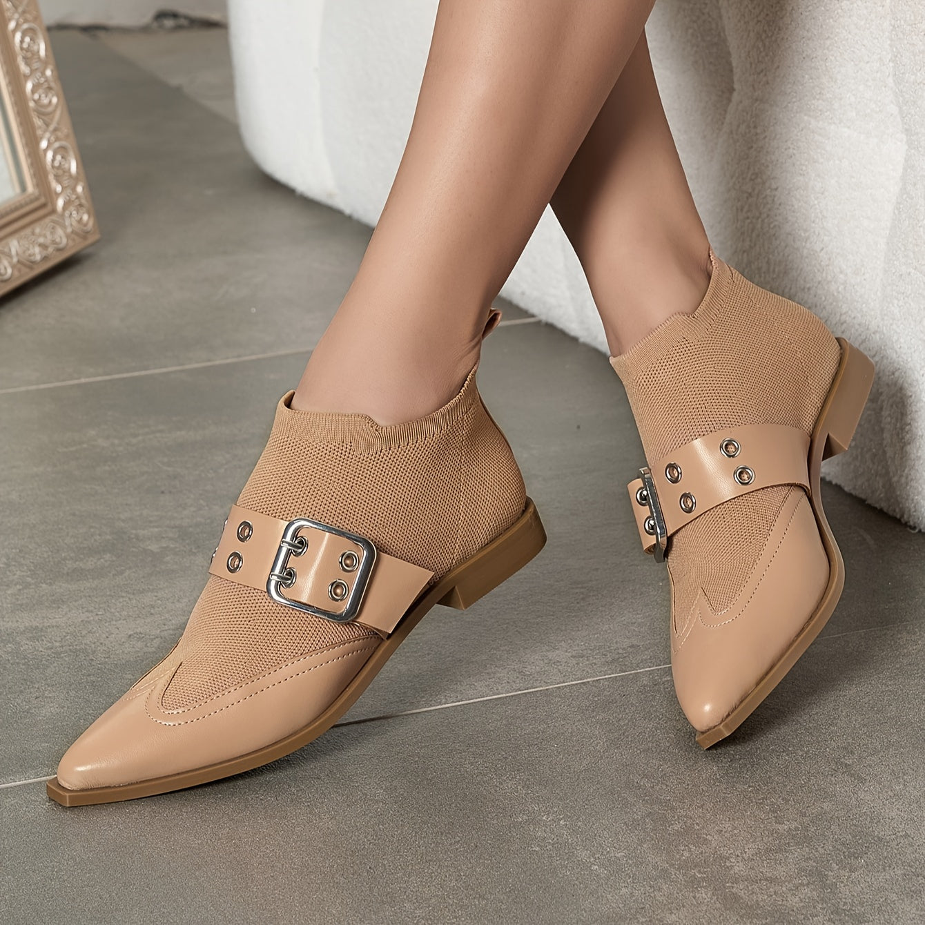 Women's Stretch Slip-On Ankle Booties with Buckle Flat Heel Pointed Toe