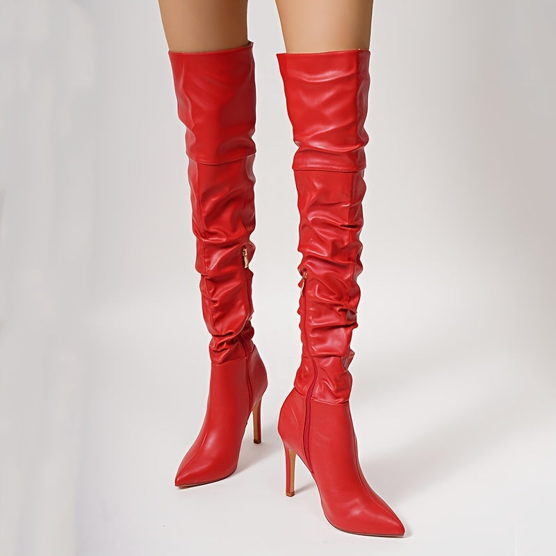 Women's Solid Color Point Toe Over The Knee Stiletto Boots with Side Zipper