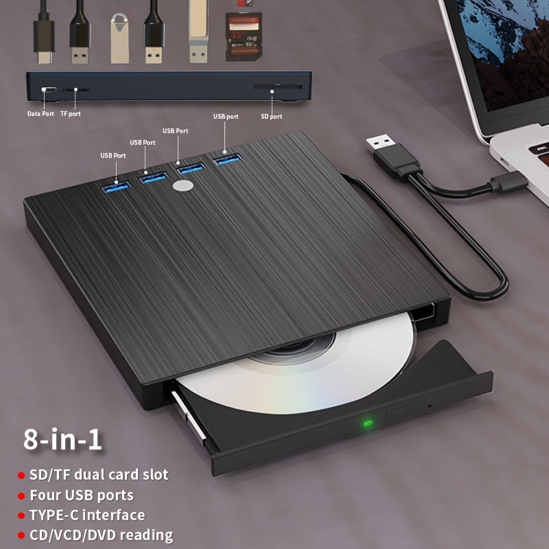Slim External Optical Drive 8-in-1 USB 3.0 Type-C for Windows Mac Linux