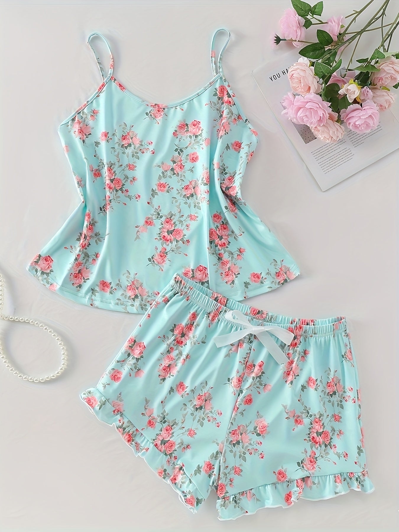 Conjunto de pijama floral para mujer, suave poliéster, blusa con lazo y pantalones cortos para dormir