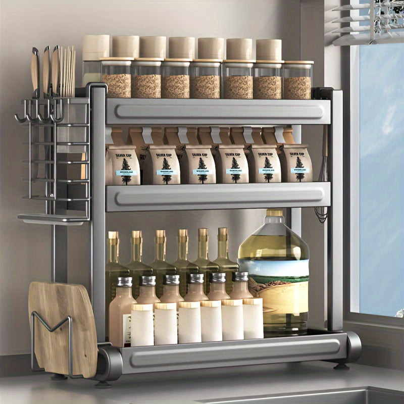 Metal Spice Rack Organizer 3-Tier Gray Countertop Storage for Kitchen Gadgets