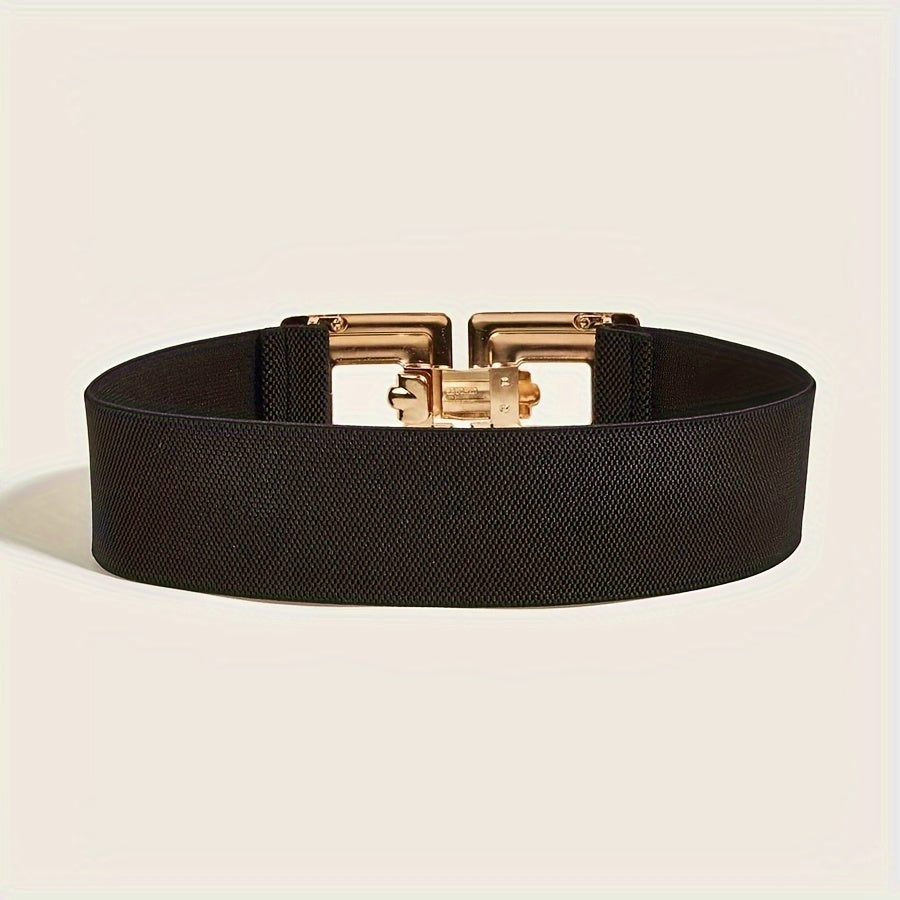 Женский широкий эластичный пояс с золотой двойной квадратной пряжкой для платьев