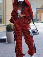 Women's Gingham Pantsuit with Lapel Collar and Zipper Details for Fall Winter