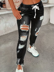 Plus Size Women's Stretch Denim Jeans with Elastic Waist and Rips