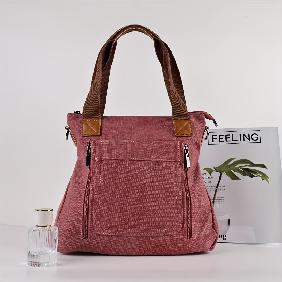 Women's Canvas Tote Bag Large Capacity Zipper Closure Detachable Strap Black