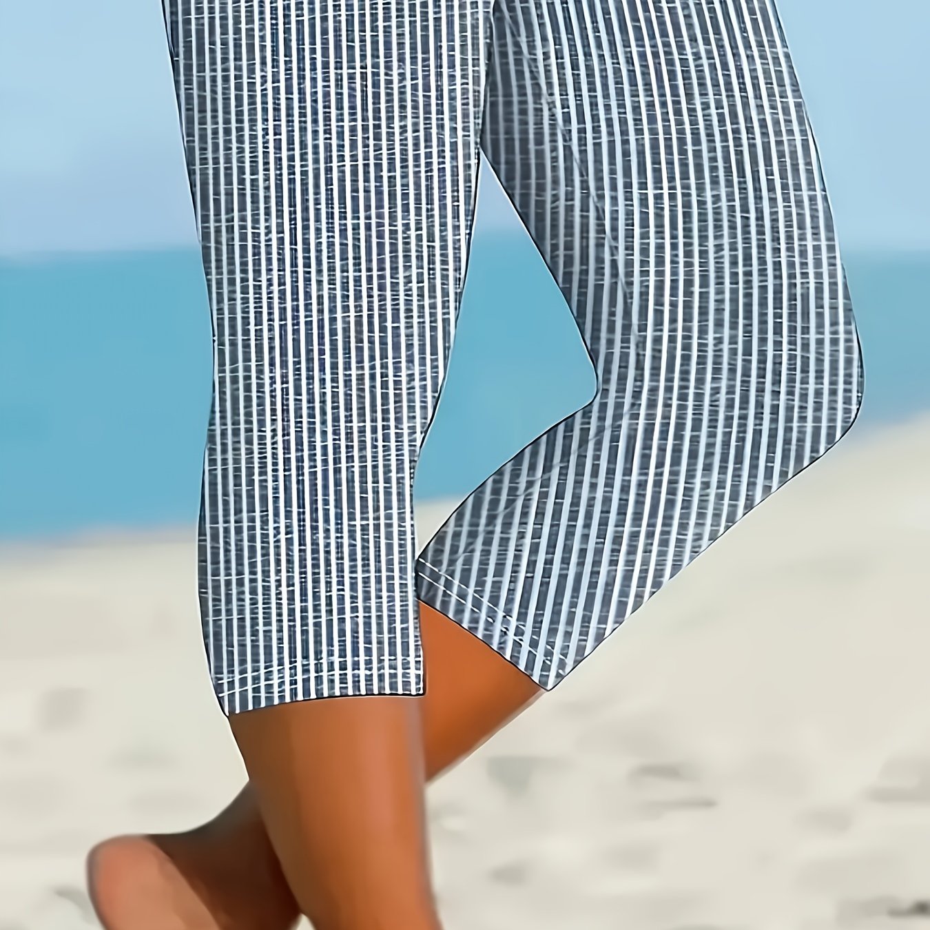 Women’s Plus Size Striped Capri Leggings Medium Stretch Beachwear