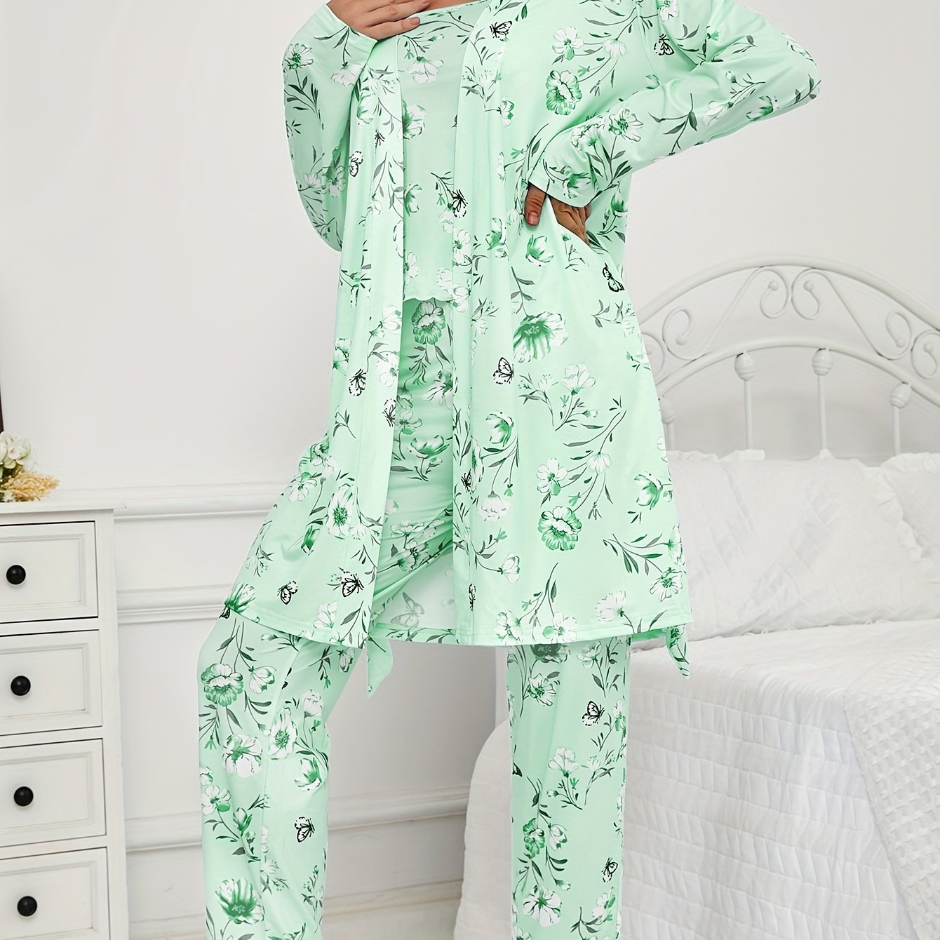 Women's Floral Butterfly Print 3-Piece Pajama Set Long Pants Long Sleeve Belted Robe All-Season Loungewear