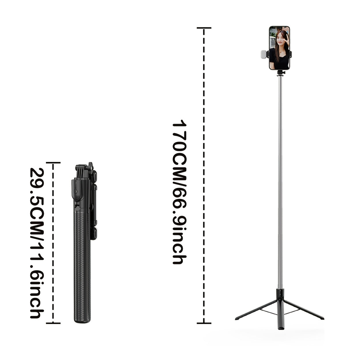 Extendable Selfie Stick with Tripod, Wireless Remote, Fill Light, Aluminum Alloy for iPhone and Android Smartphones