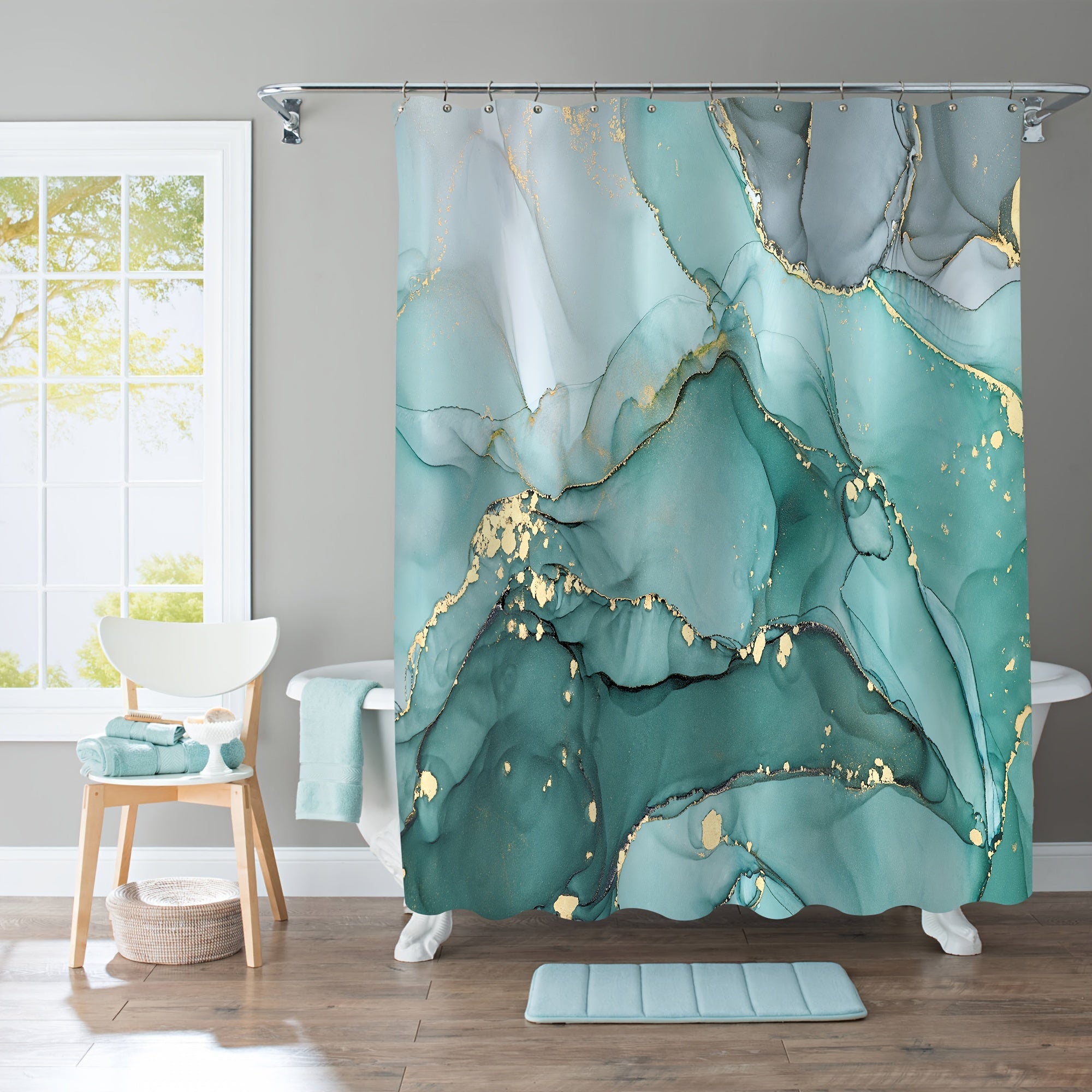 Teal marmar naqshli dush pardasi to'plami, matlar va tutqichlar bilan, suv o'tkazmaydigan va estetik hammom bezaklari