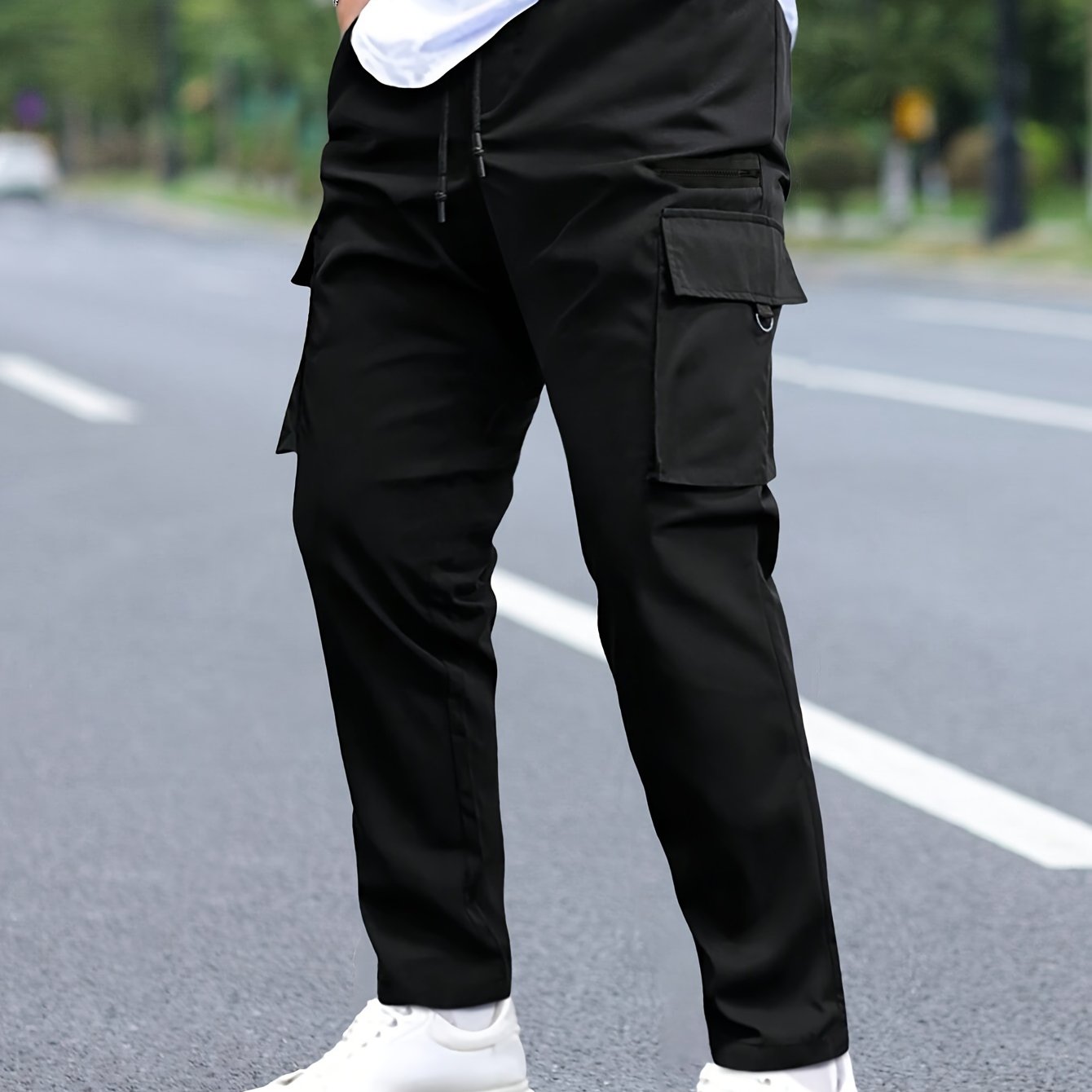 Men's Cargo Pants with Multiple Pockets Drawstring Waist Solid Polyester All-Season Street Style