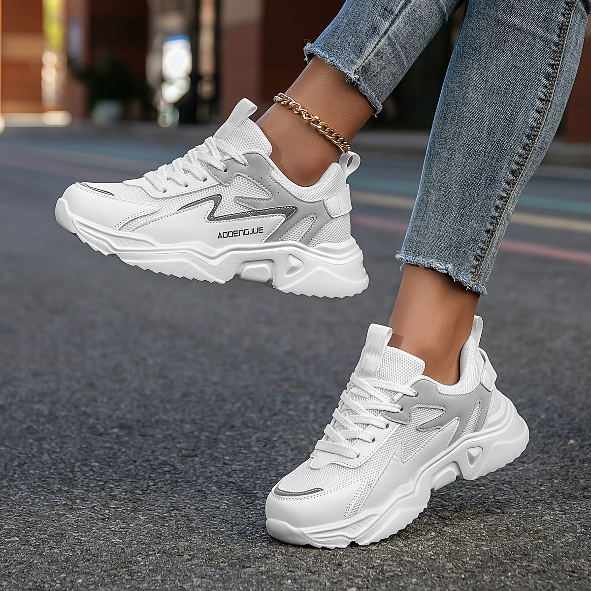 Women's Fashion Sneakers White Gray Patchwork Lace-Up Casual Shoes