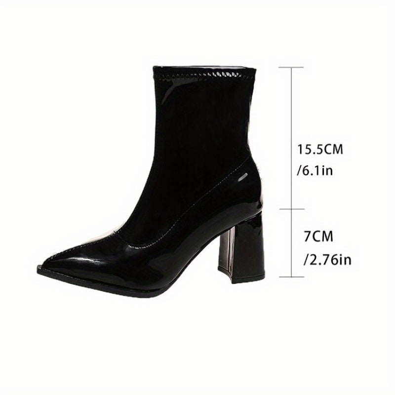 Women's Black Ankle Boots with Chunky Heel Zipper Closure Pointed Toe